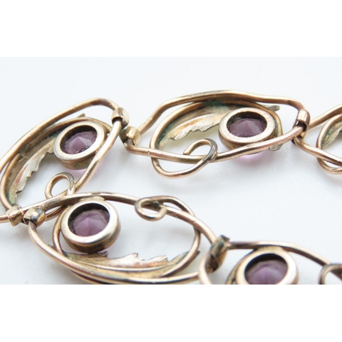 450 - Seven Stone Amethyst Set Fancy Floral Link Bracelet set in Filled Gold 18cm Long