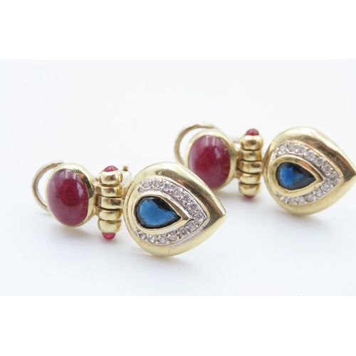 452 - Pair of Cabochon Cut Ruby and Sapphire Earrings with Further Diamond Inset Attractively Detailed Eac... 