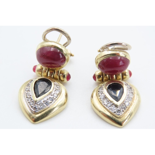 452 - Pair of Cabochon Cut Ruby and Sapphire Earrings with Further Diamond Inset Attractively Detailed Eac... 