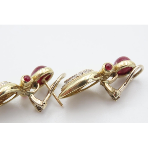 452 - Pair of Cabochon Cut Ruby and Sapphire Earrings with Further Diamond Inset Attractively Detailed Eac... 