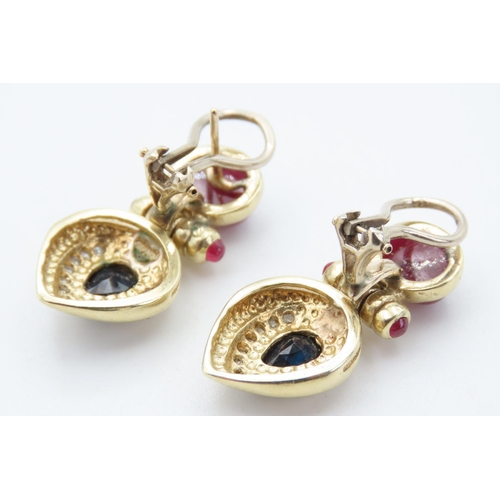 452 - Pair of Cabochon Cut Ruby and Sapphire Earrings with Further Diamond Inset Attractively Detailed Eac... 