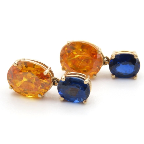 453 - Pair of Citrine and Sapphire Earrings Mounted in 14 Carat Yellow Gold 2.5cm Drop