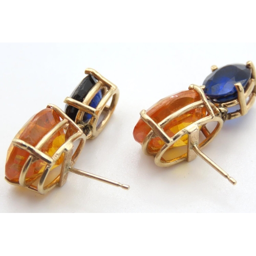 453 - Pair of Citrine and Sapphire Earrings Mounted in 14 Carat Yellow Gold 2.5cm Drop