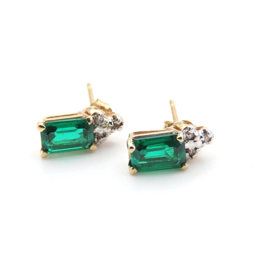 458 - Pair of 9 Carat Yellow Gold Emerald and Diamond Set Earrings