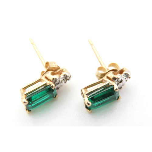 458 - Pair of 9 Carat Yellow Gold Emerald and Diamond Set Earrings