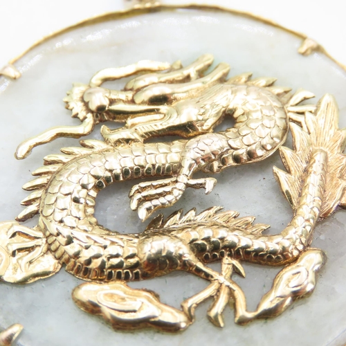 461 - 14 Carat Yellow Gold Dragon Motif Set Jade Circular Pendant 4cm Diameter