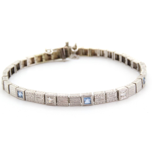 465 - Seven Stone Sapphire and Diamond Set Bracelet Mounted in 14 Carat White Gold 16.5cm Long