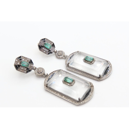 Pair of Crystal Diamond Emerald and Black Enamel Decorated Ladies Drop Earrings Mounted in Silver and 14 Carat Yellow Gold Backings 5cm Drop Each