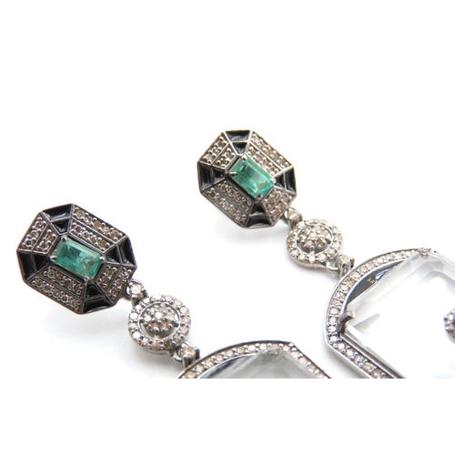 468 - Pair of Crystal Diamond Emerald and Black Enamel Decorated Ladies Drop Earrings Mounted in Silver an... 