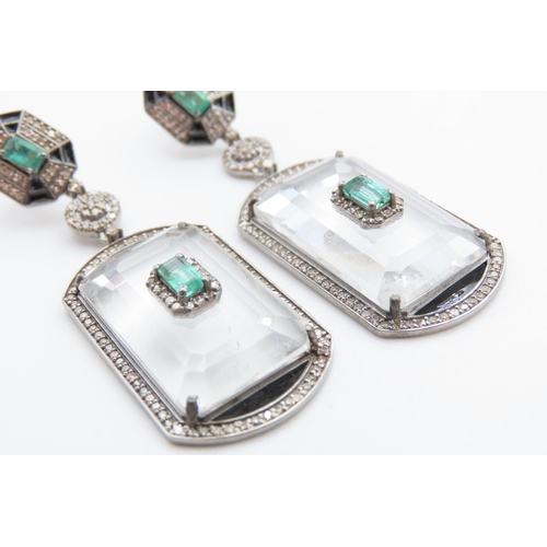 468 - Pair of Crystal Diamond Emerald and Black Enamel Decorated Ladies Drop Earrings Mounted in Silver an... 