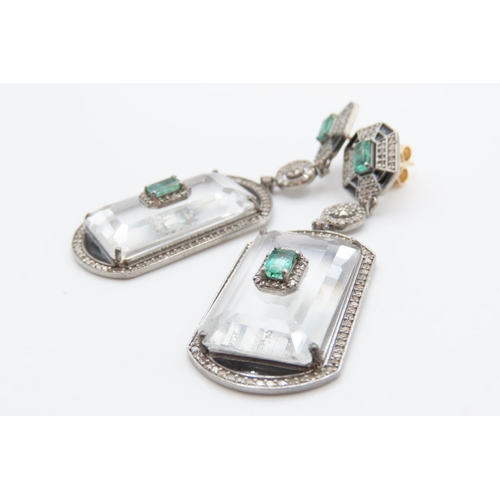 468 - Pair of Crystal Diamond Emerald and Black Enamel Decorated Ladies Drop Earrings Mounted in Silver an... 