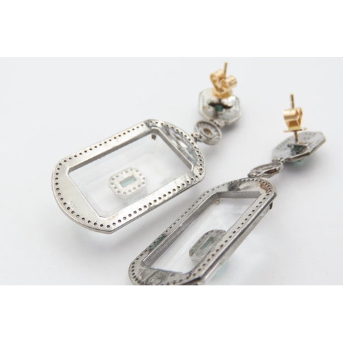 468 - Pair of Crystal Diamond Emerald and Black Enamel Decorated Ladies Drop Earrings Mounted in Silver an... 