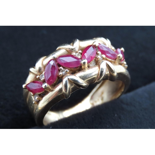 469 - Six Stone Ruby Set Ring with Unusual Design Set in 14 Carat Yellow Gold Ring Size N