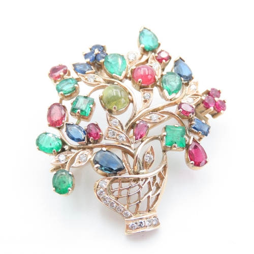 473 - Attractively Detailed Diamond Ruby Sapphire and Peridot Set Floral Basket Motif Pendant or Brooch Se... 