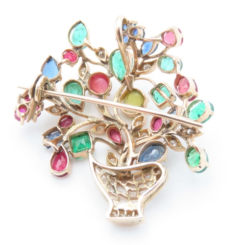 473 - Attractively Detailed Diamond Ruby Sapphire and Peridot Set Floral Basket Motif Pendant or Brooch Se... 