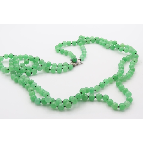 475 - Two Row Jade Bead Necklace with 14 Carat White Gold Sapphire Set Clasp