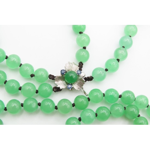 475 - Two Row Jade Bead Necklace with 14 Carat White Gold Sapphire Set Clasp