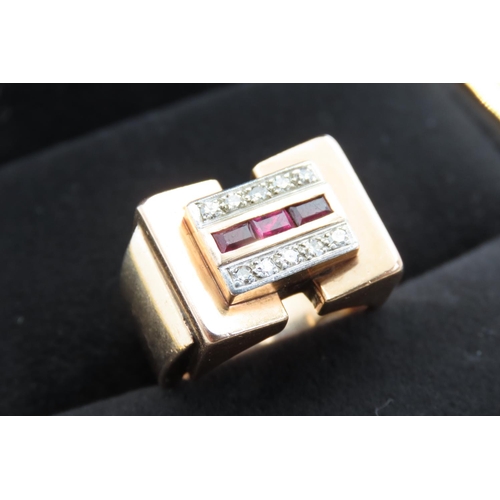 478 - Vintage Ruby and Diamond Set Three Row Block Ring Set in 18 Carat Yellow Gold Ring Size N