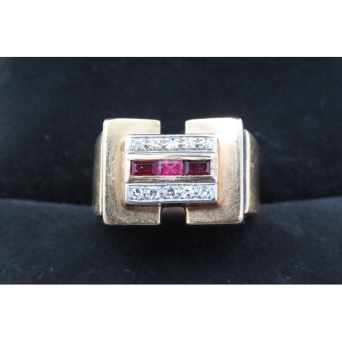 478 - Vintage Ruby and Diamond Set Three Row Block Ring Set in 18 Carat Yellow Gold Ring Size N