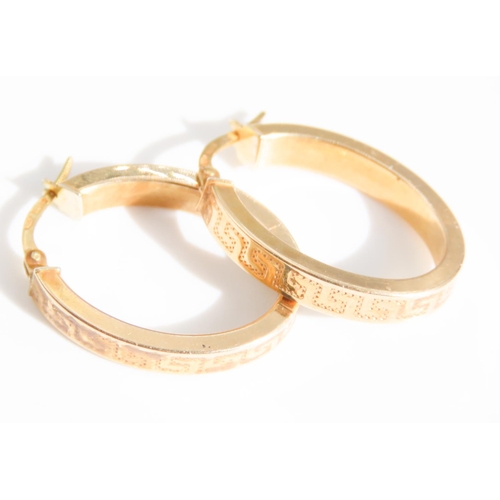 48 - Pair of 9 Carat Yellow Gold Geometric Cut Design Oval Hoop Earrings Each 2.5cm High