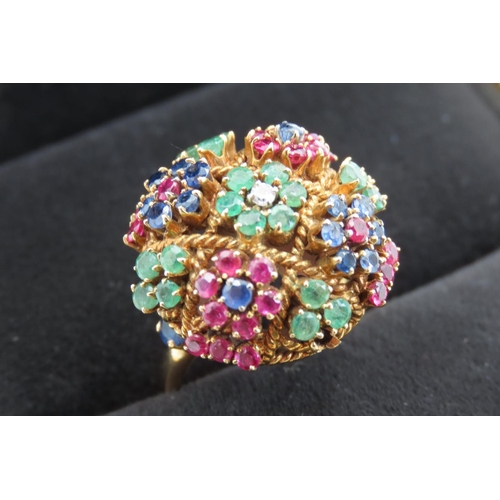 Sapphire Ruby Emerald and Diamond Set Bombe Ring Mounted in 18 Carat Yellow Gold Ring size K
