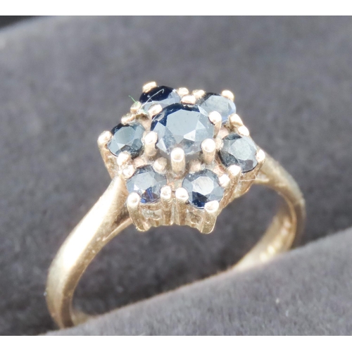 Sapphire Seven Stone Daisy Motif Ladies Ring Mounted in 9 Carat Yellow Gold Ring Size P and a Half