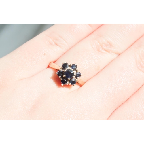 49 - Sapphire Seven Stone Daisy Motif Ladies Ring Mounted in 9 Carat Yellow Gold Ring Size P and a Half