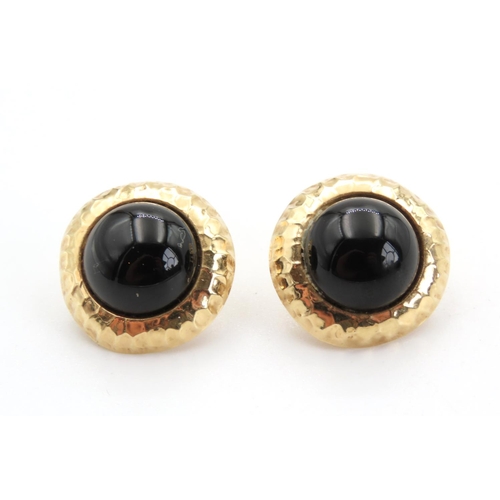 Pair or Polished Black Onyx Circular Form Earrings Set in 14 Carat Yellow Gold 1.5cm Diameter