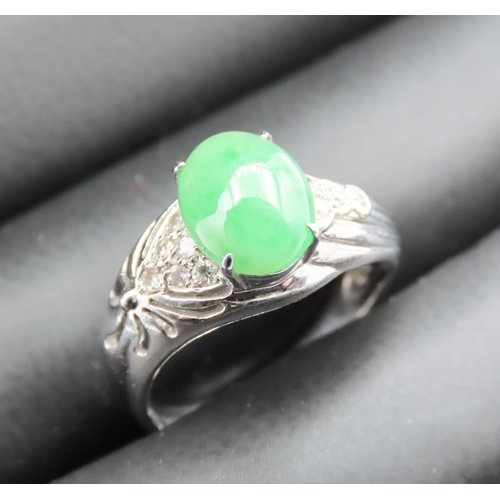 Polished Jade and Diamond Cluster Ring Mounted on 18 Carat White Gold Ring Size M