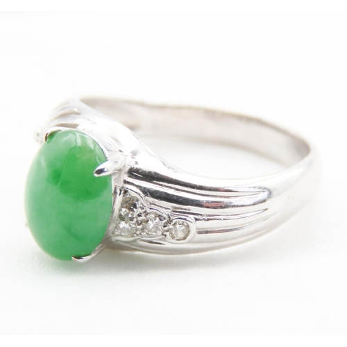 5 - Polished Jade and Diamond Cluster Ring Mounted on 18 Carat White Gold Ring Size M