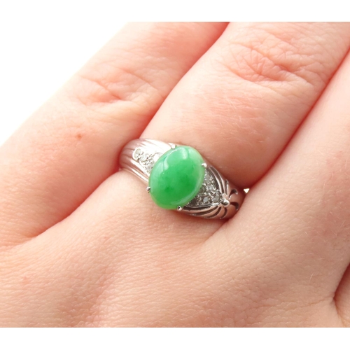 5 - Polished Jade and Diamond Cluster Ring Mounted on 18 Carat White Gold Ring Size M