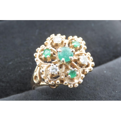 Emerald and Diamond Set Ladies Floral Motif Cluster Ring Set in 18 Carat Yellow Gold Ring Size L