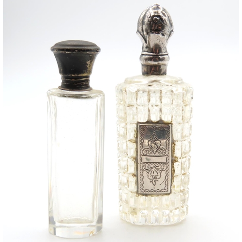 Two Silver Top Perfume Bottles Facet Cut Hobnail Cut Tallest Approx. 10cm High Hinged Covers