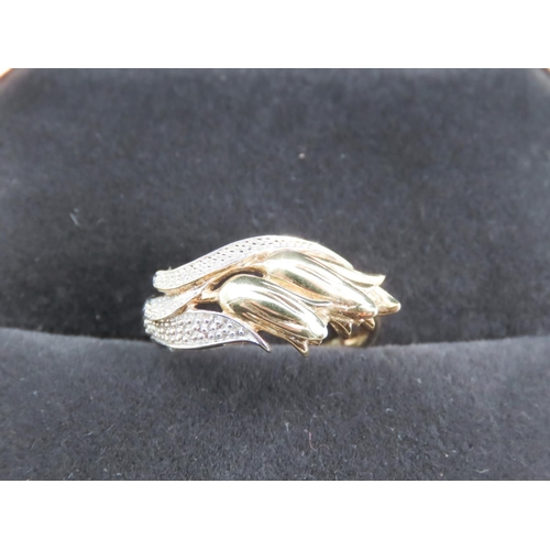 55 - Unusual Three Tulip Motif Ring Mounted in 9 Carat Yellow and White Gold Ring Size Q and a Half