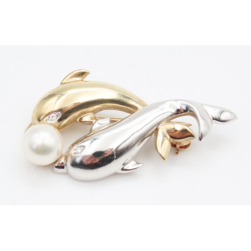 9 Carat Yellow and White Gold Twin Dolphin Motif Brooch with Pearl and Diamond Decoration 3.5cm Wide