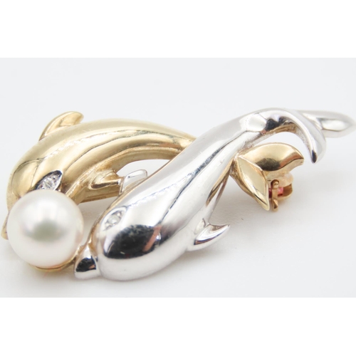 64 - 9 Carat Yellow and White Gold Twin Dolphin Motif Brooch with Pearl and Diamond Decoration 3.5cm Wide