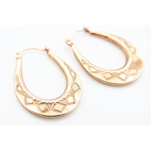 81 - Pair of 9 Carat Yellow Gold Cut Design Drop Hoop Earrings Each 3cm Drop