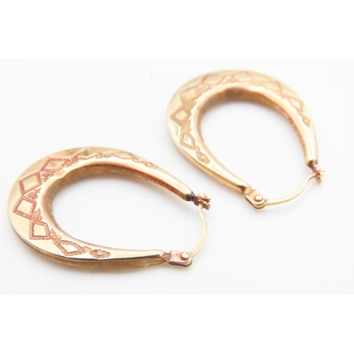 81 - Pair of 9 Carat Yellow Gold Cut Design Drop Hoop Earrings Each 3cm Drop