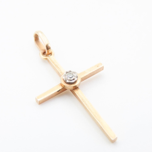 97 - 9 Carat Yellow Gold Cross Pendant with Diamond Inset 3cm High