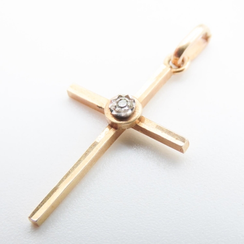 97 - 9 Carat Yellow Gold Cross Pendant with Diamond Inset 3cm High