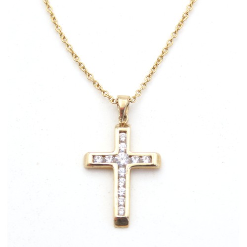 113 - Twelve Stone Diamond Cross Pendant set in 9 Carat Yellow Gold 2cm High Further Set on 9 Carat Yellow... 