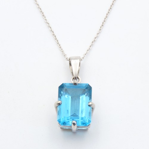 162 - Emerald Cut Blue Topaz Pendant Set in 9 Carat White Gold 2cm Drop Further Set on 9 Carat White Gold ... 