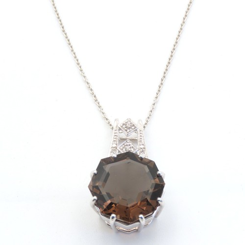 163 - Smoky Quartz Octagon Pendant Set in 9 Carat White Gold 2.5cm High  Further Set on 9 Carat White Gold... 