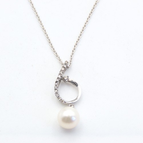 Pearl and Diamond Set Pendant Mounted in 9 Carat White Gold 2.5cm Drop  Further Set on 9 Carat White Gold Chain 46cm Long