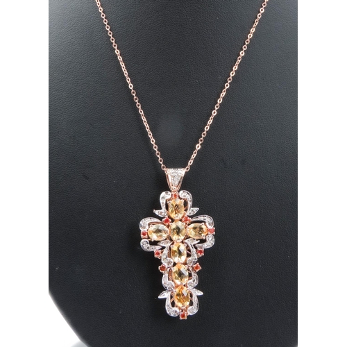 107 - Citrine and Diamond Set Crucifix Pendant Finely Detailed Set in 9 Carat Rose Gold and Silver 5cm Dro... 