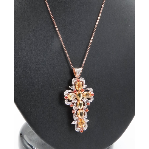 107 - Citrine and Diamond Set Crucifix Pendant Finely Detailed Set in 9 Carat Rose Gold and Silver 5cm Dro... 