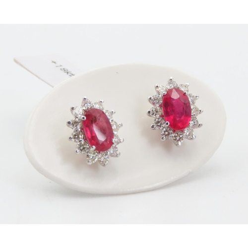 109 - Pair of Ruby and Diamond Set  Cluster Earrings Mounted in 18 Carat White Gold Ruby of High Colour Ea... 