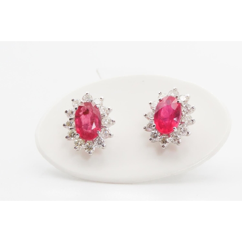 109 - Pair of Ruby and Diamond Set  Cluster Earrings Mounted in 18 Carat White Gold Ruby of High Colour Ea... 