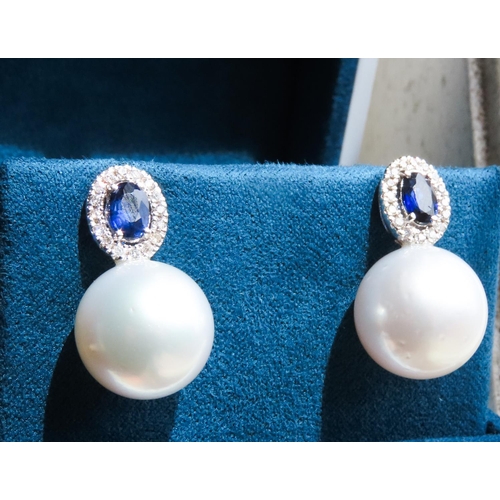 111 - Pair of Sapphire and Diamond Set Ladies Pearl Earrings Set in 18 Carat White Gold Each 2.5cm High