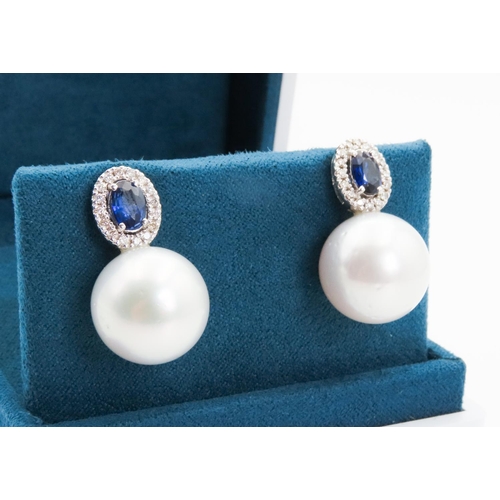 111 - Pair of Sapphire and Diamond Set Ladies Pearl Earrings Set in 18 Carat White Gold Each 2.5cm High